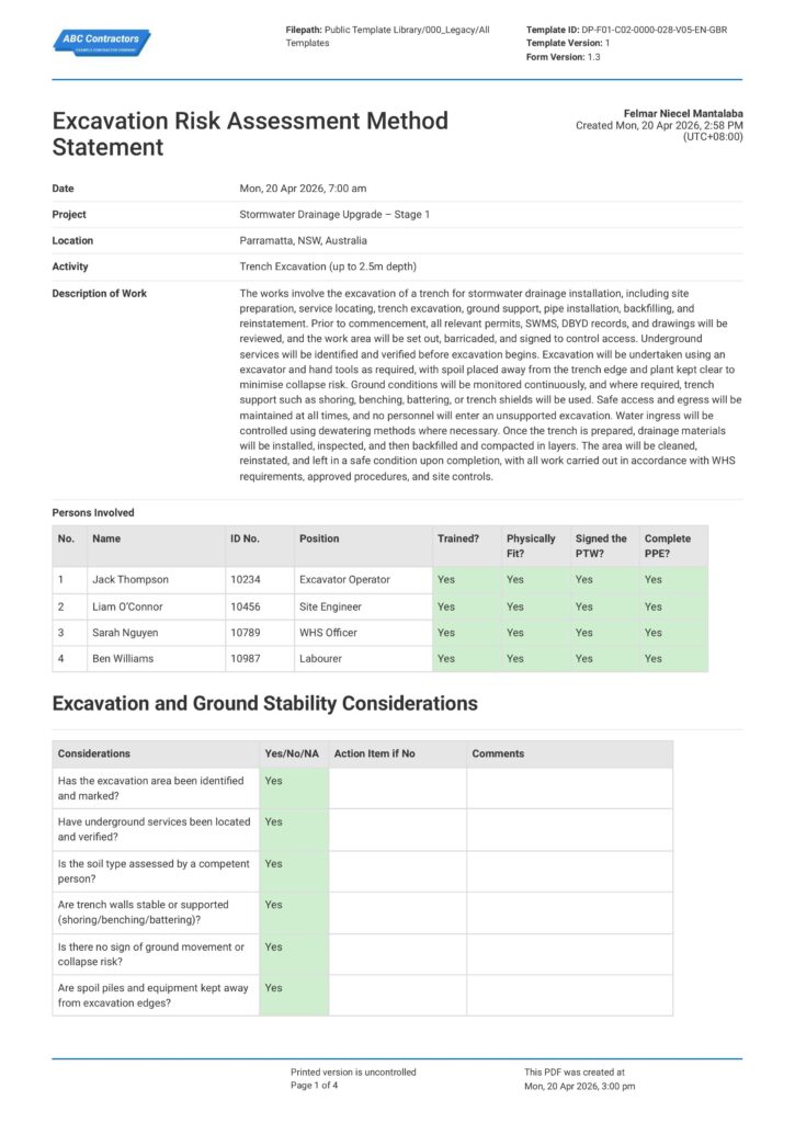 Excavation Risk Assessment Method Statement