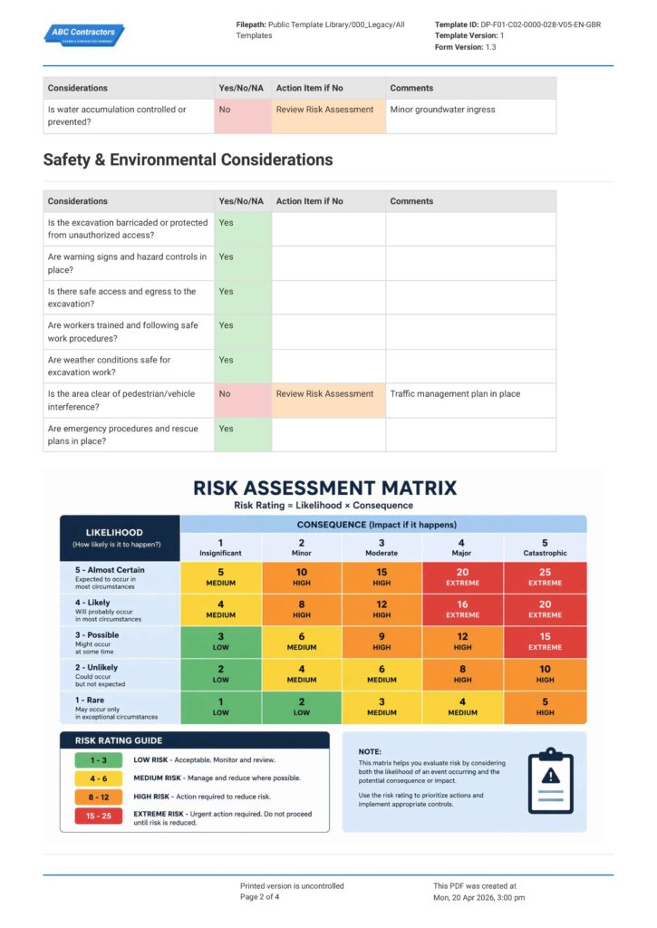 Excavation Risk Assessment Method Statement