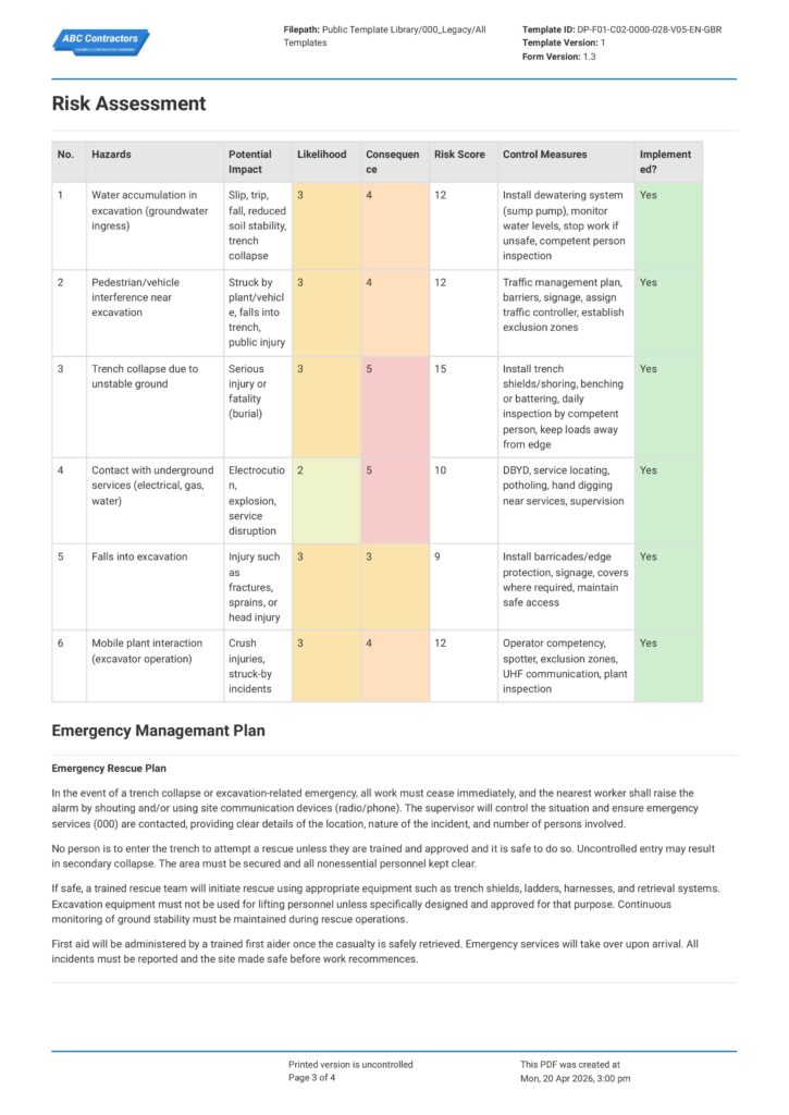 Excavation Risk Assessment Method Statement