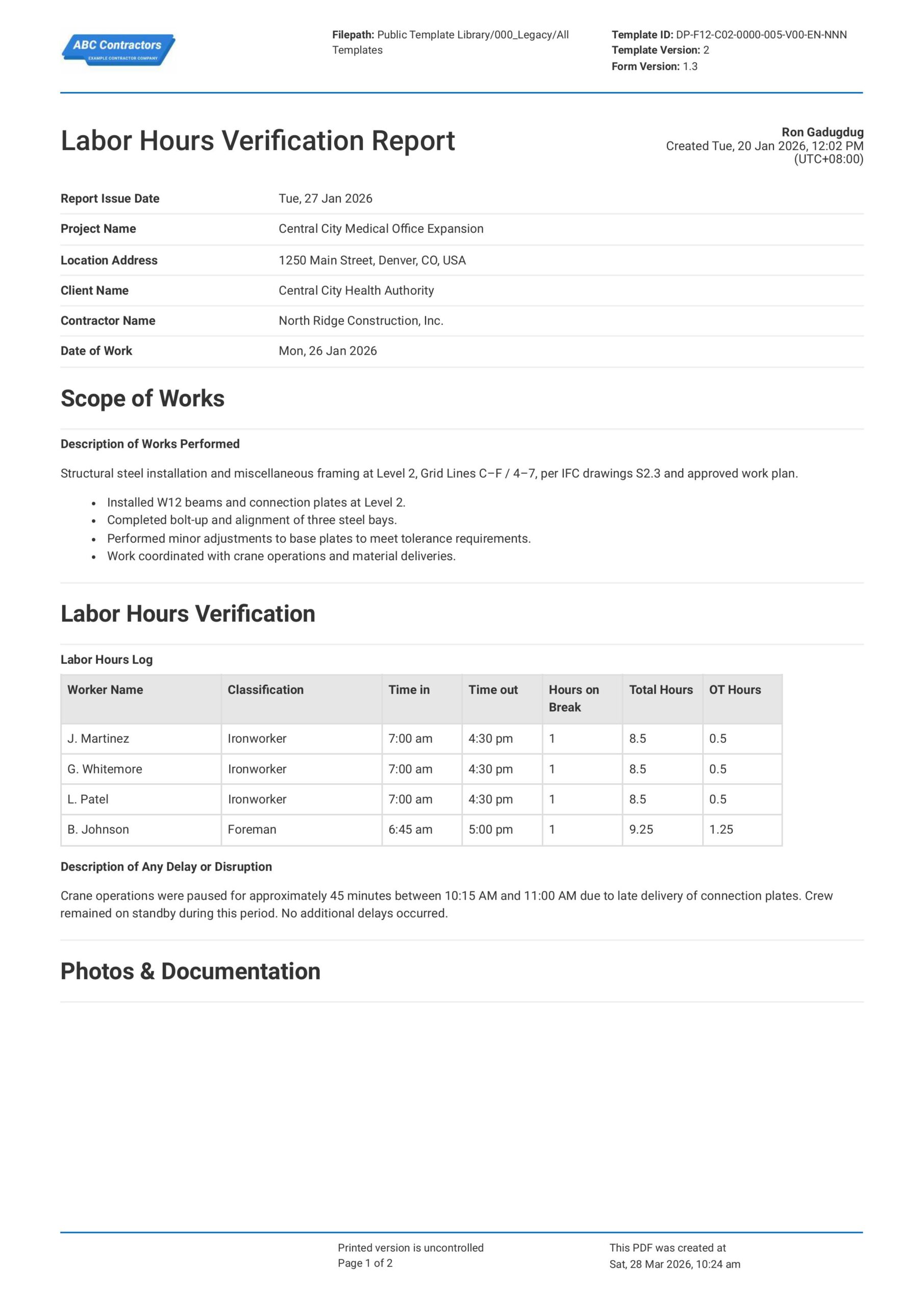 Labor Hours Verification Report Template