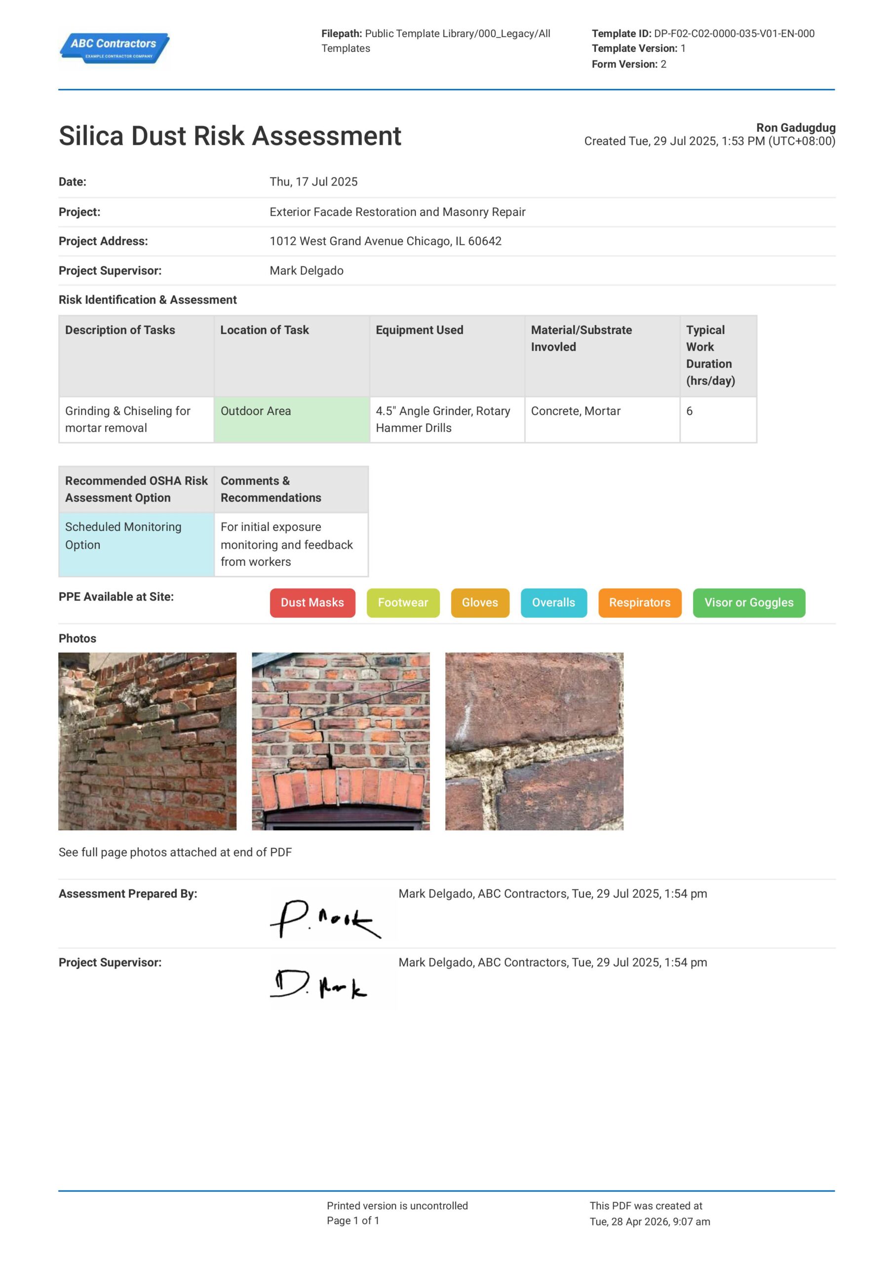 Silica Dust Risk Assessment