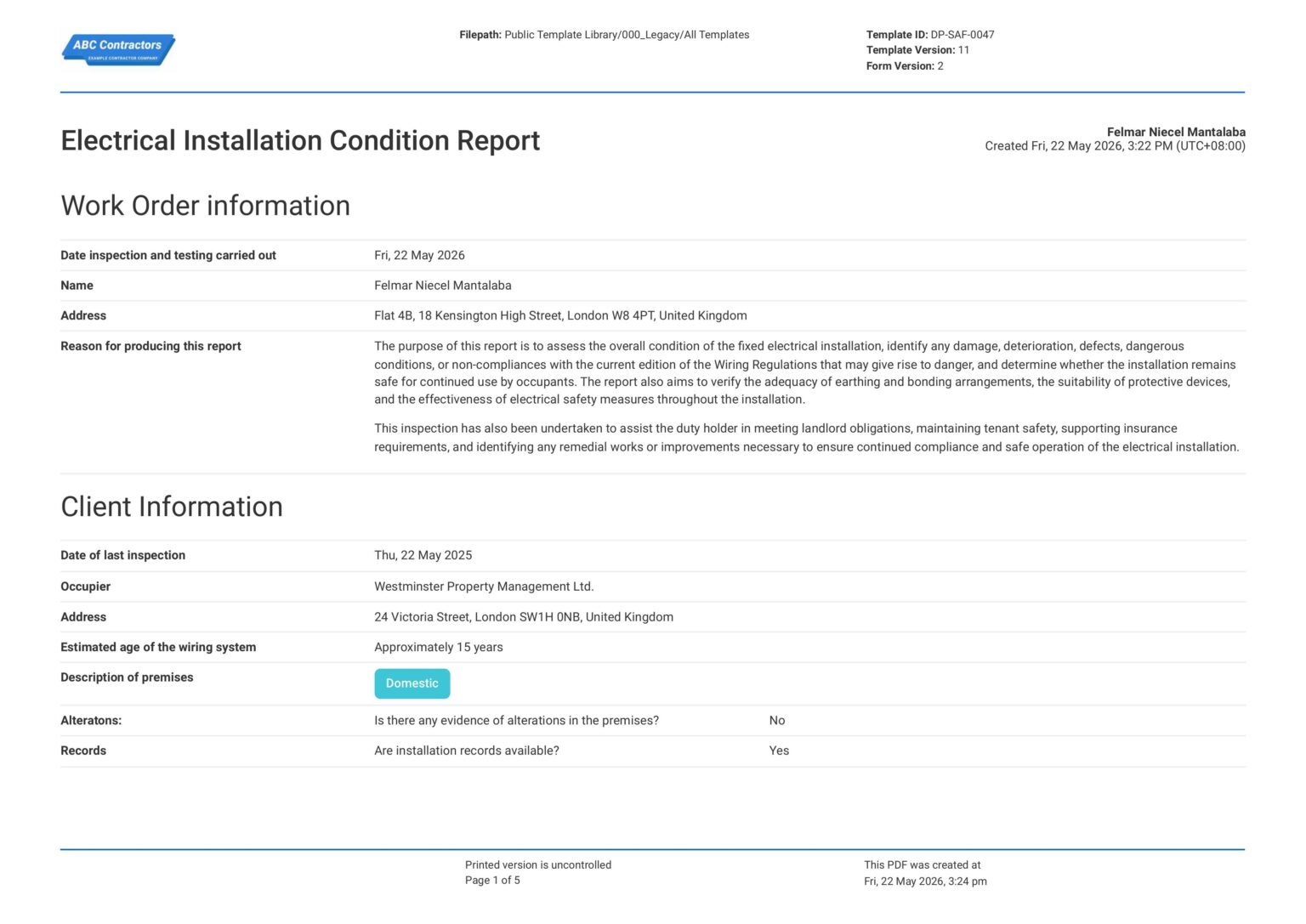 Installation Reprt Electrical Installation Condition Report Template | Sitemate