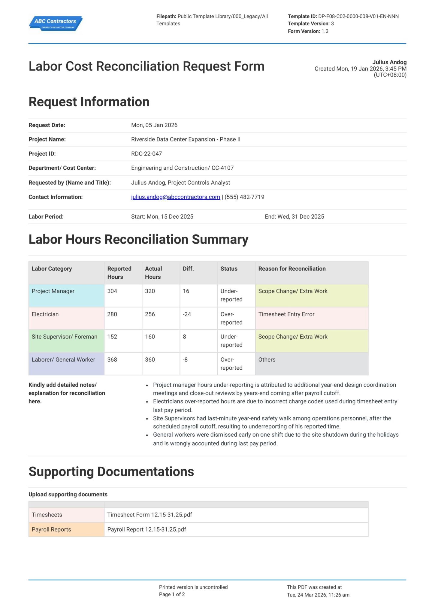 Labor Value Content Form.pdf Labor Cost Reconciliation Request Form Template | Sitemate
