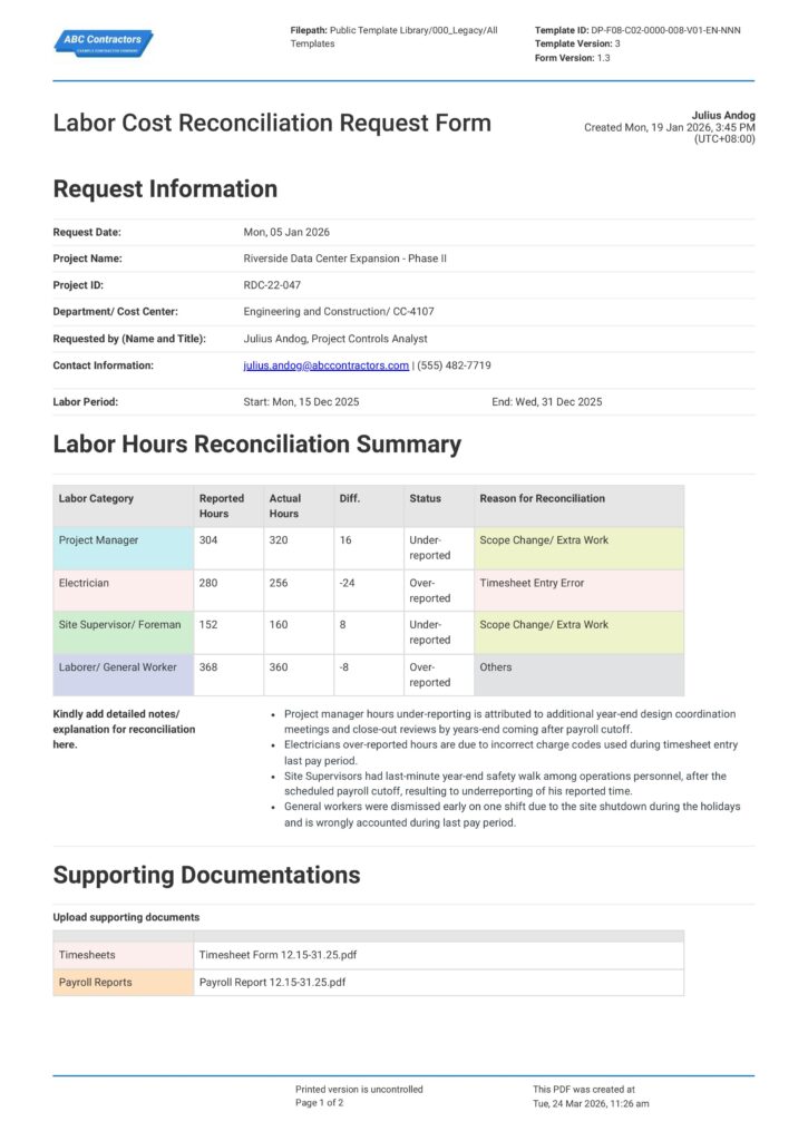 Labor Cost Reconciliation Request Form1