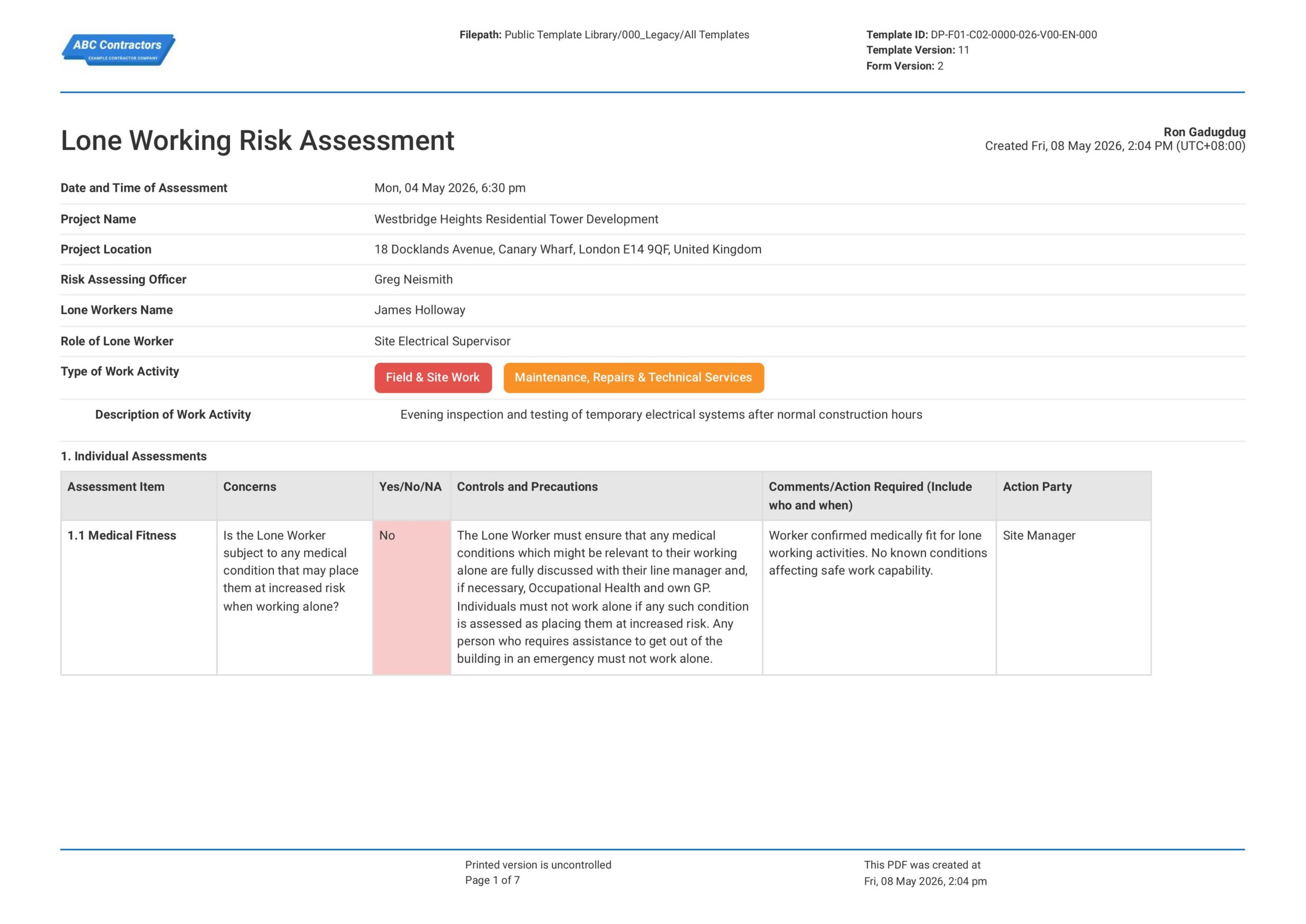 Lone Working Risk Assessment Template