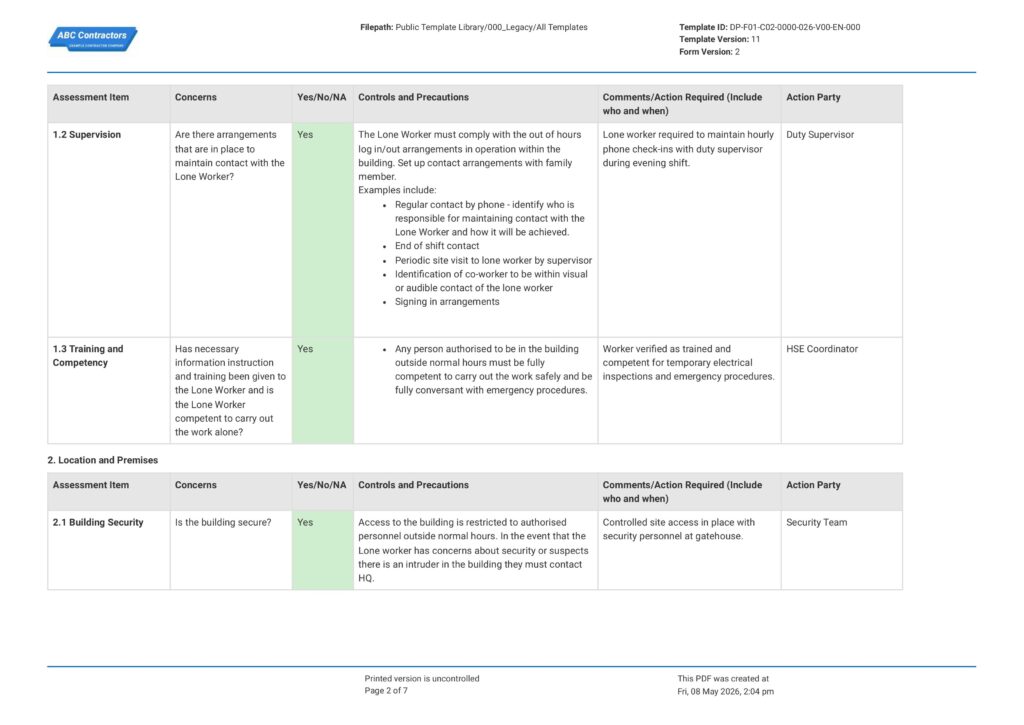 Lone Working Risk Assessment2