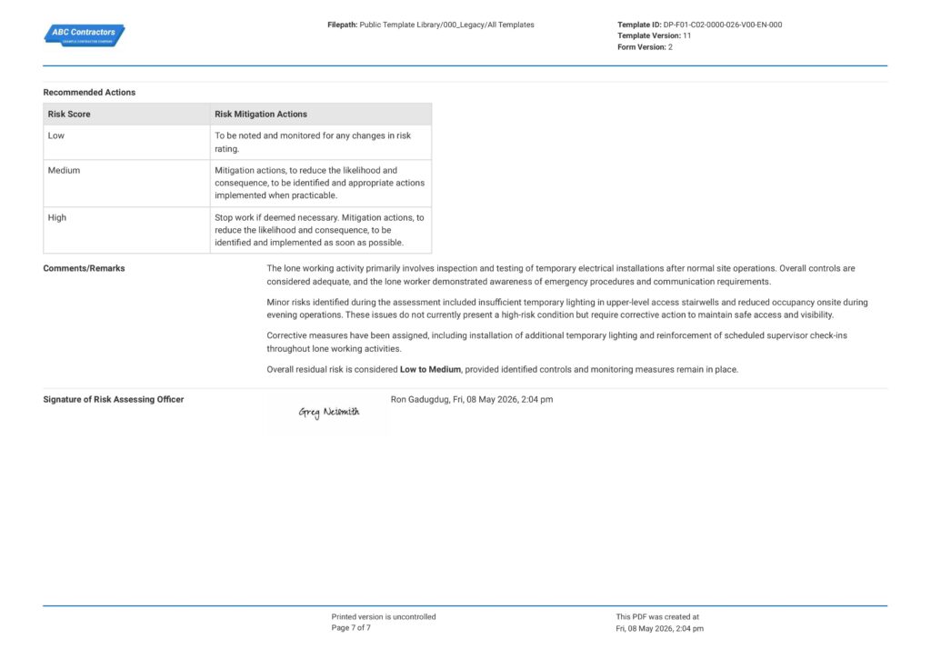 Lone Working Risk Assessment7