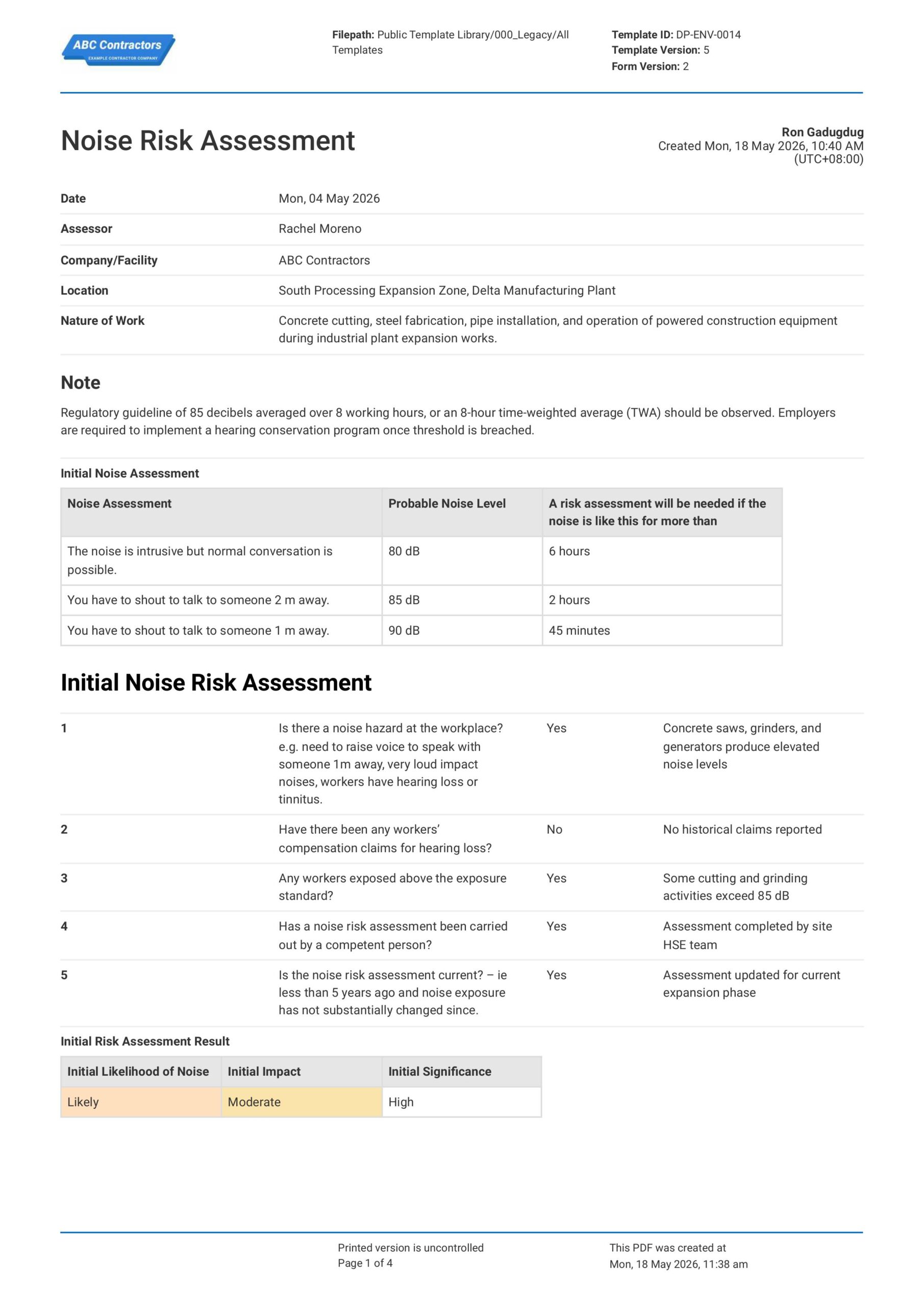 Noise Risk Assessment Template