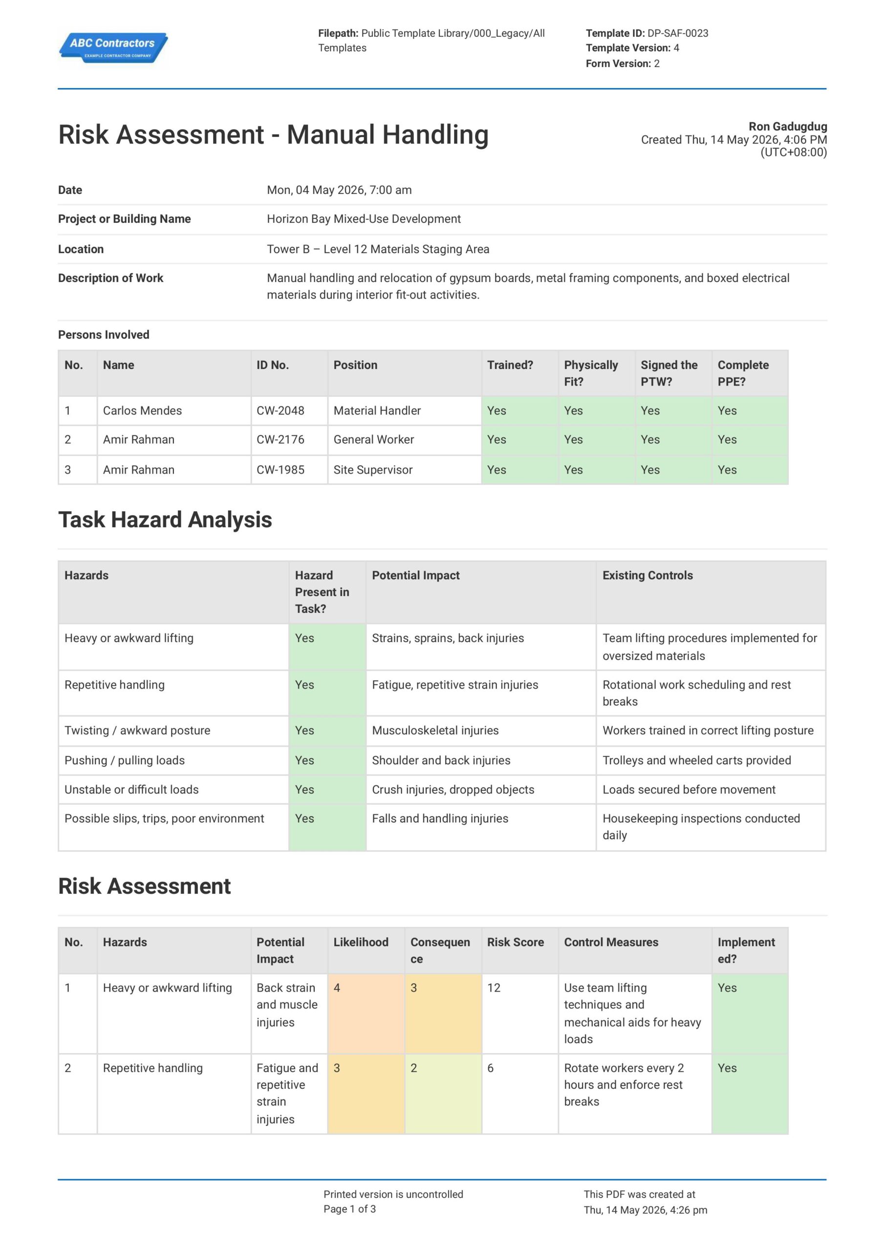 Free Manual Handling Risk Assessment