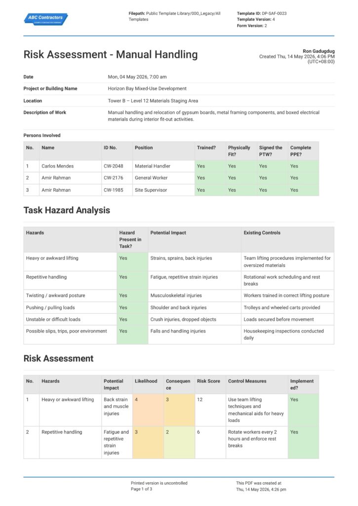 Risk Assessment   Manual Handling1