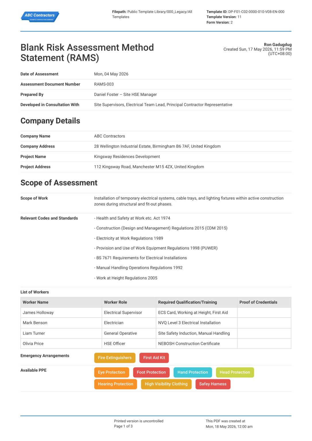 Risk Assessment Method Statement Template (Free RAMS) | Sitemate