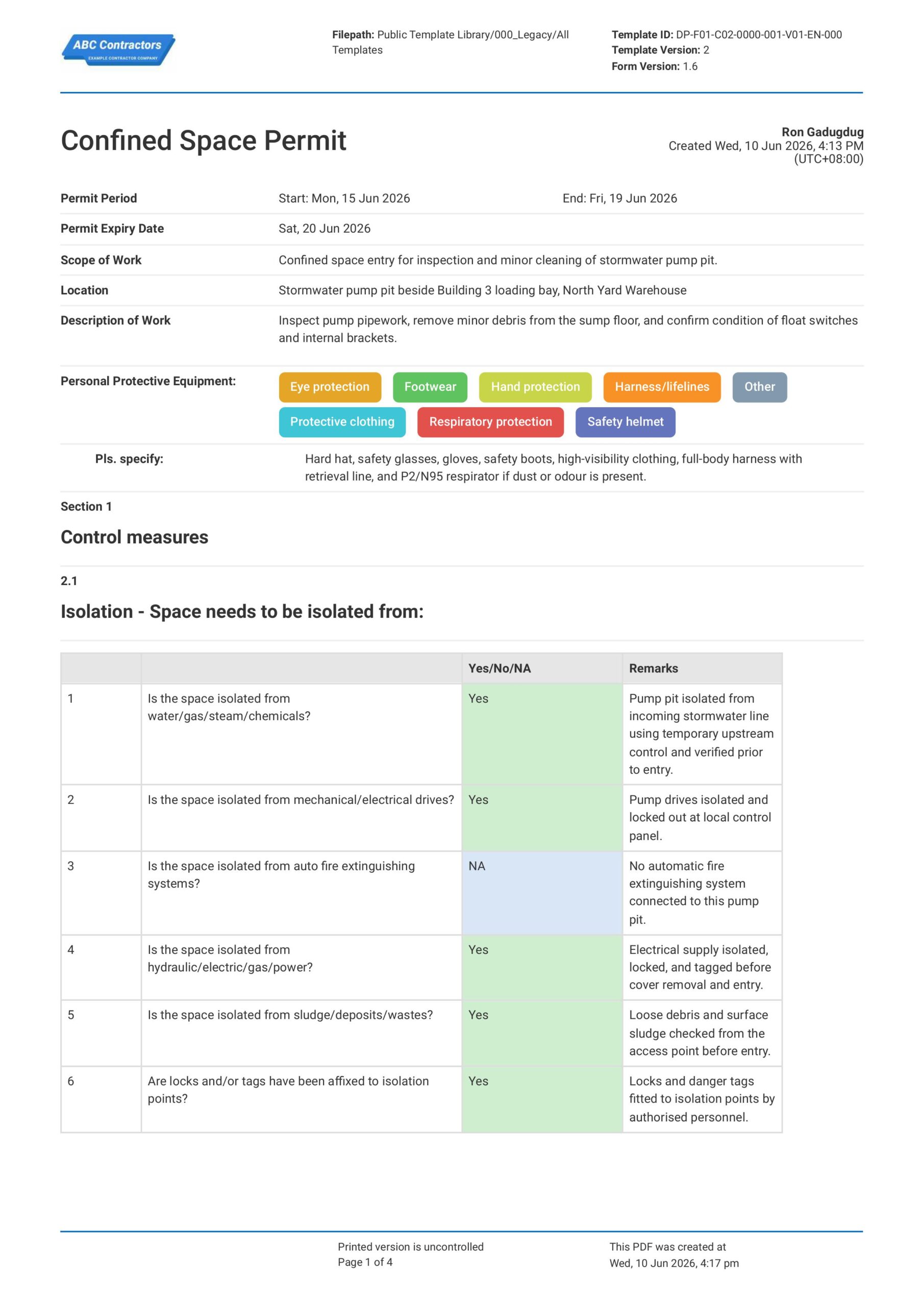 Confined Space Permit