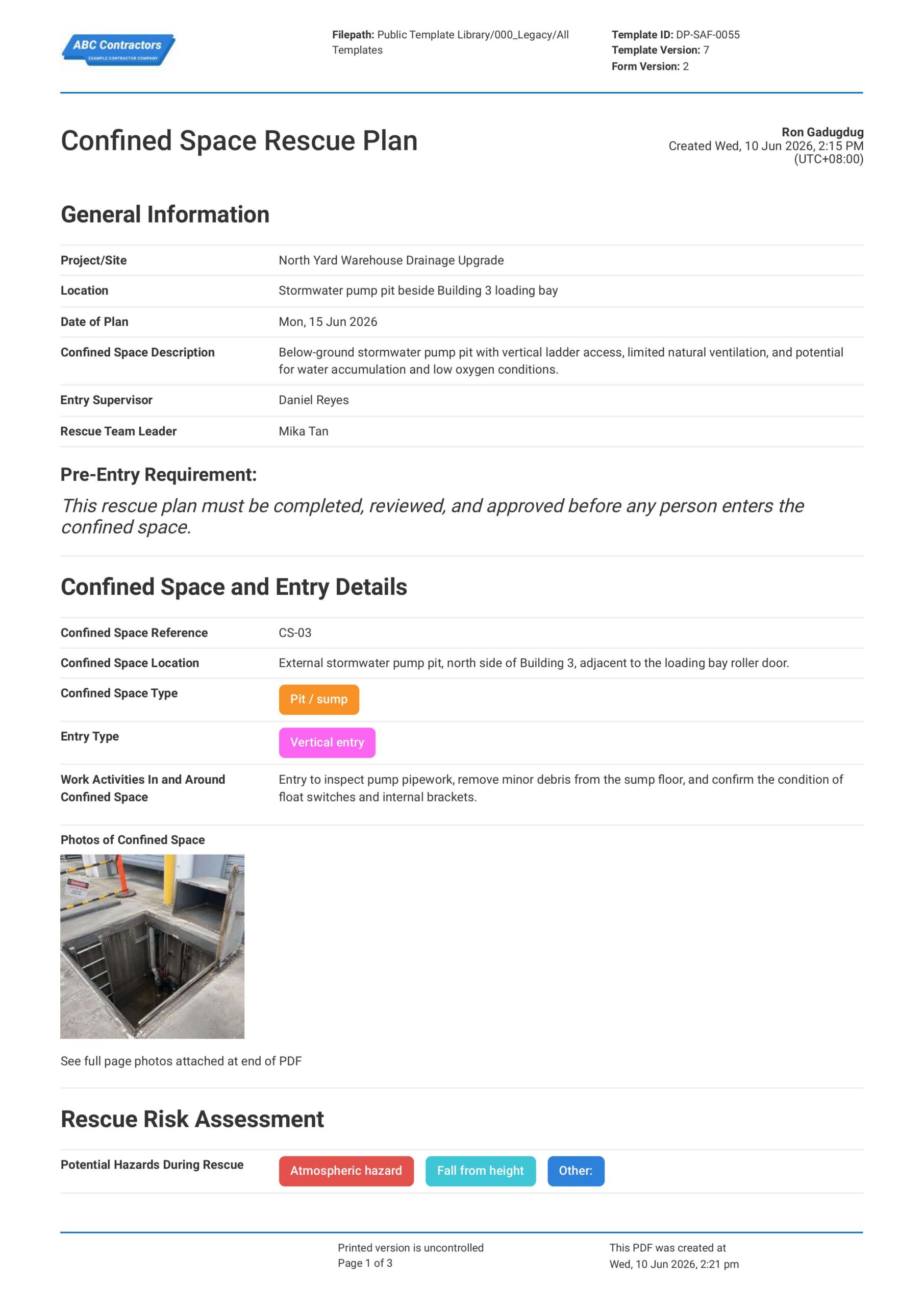 Confined Space Rescue Plan Template