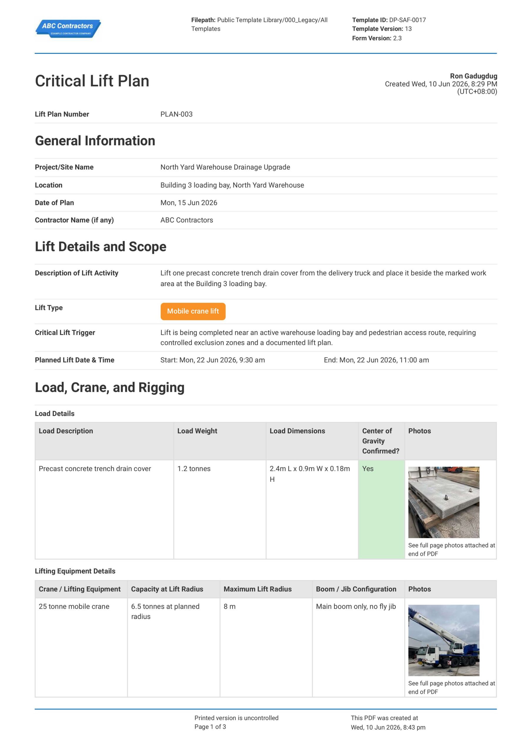 Critical Lift Plan Template