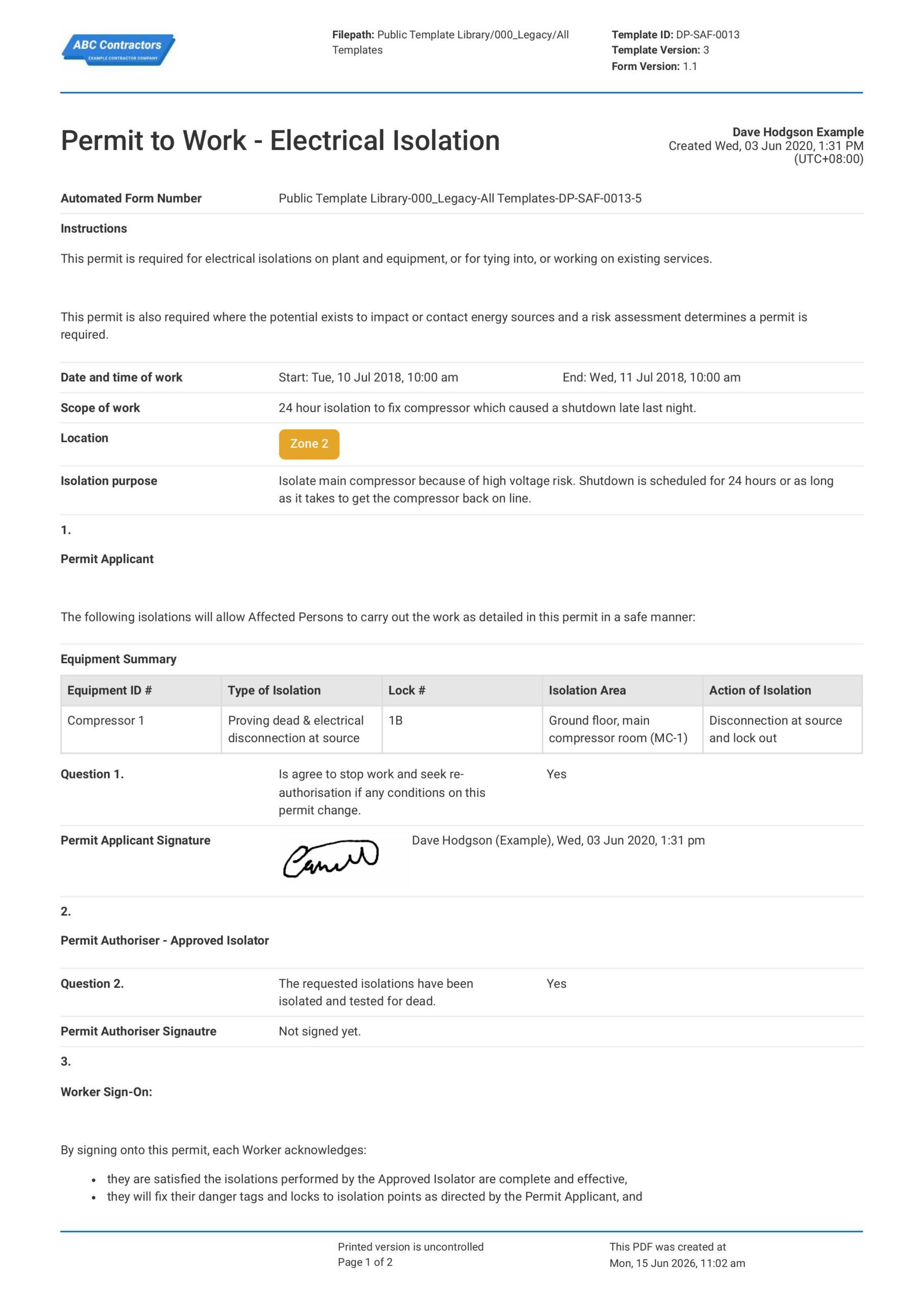 Electrical Isolation Permit