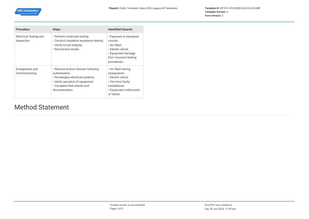 Electrical Risk Assessment Method Statement