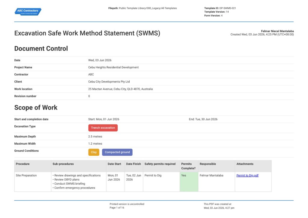 Excavation Safe Work Method Statement