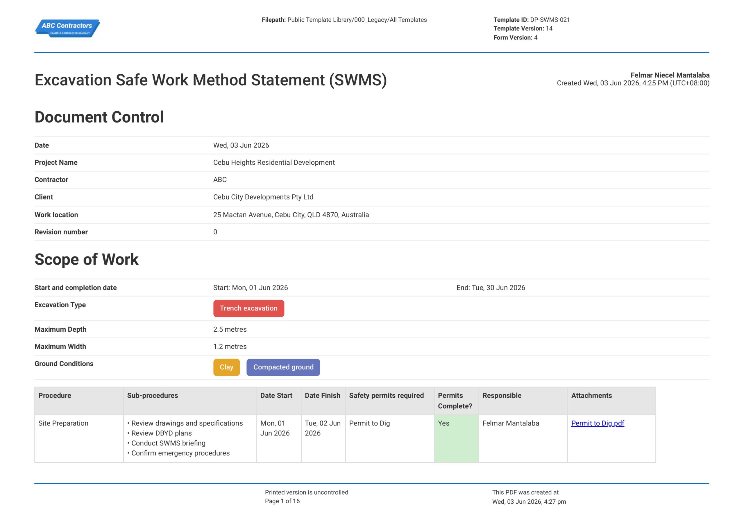 Excavation Safe Work Method Statement