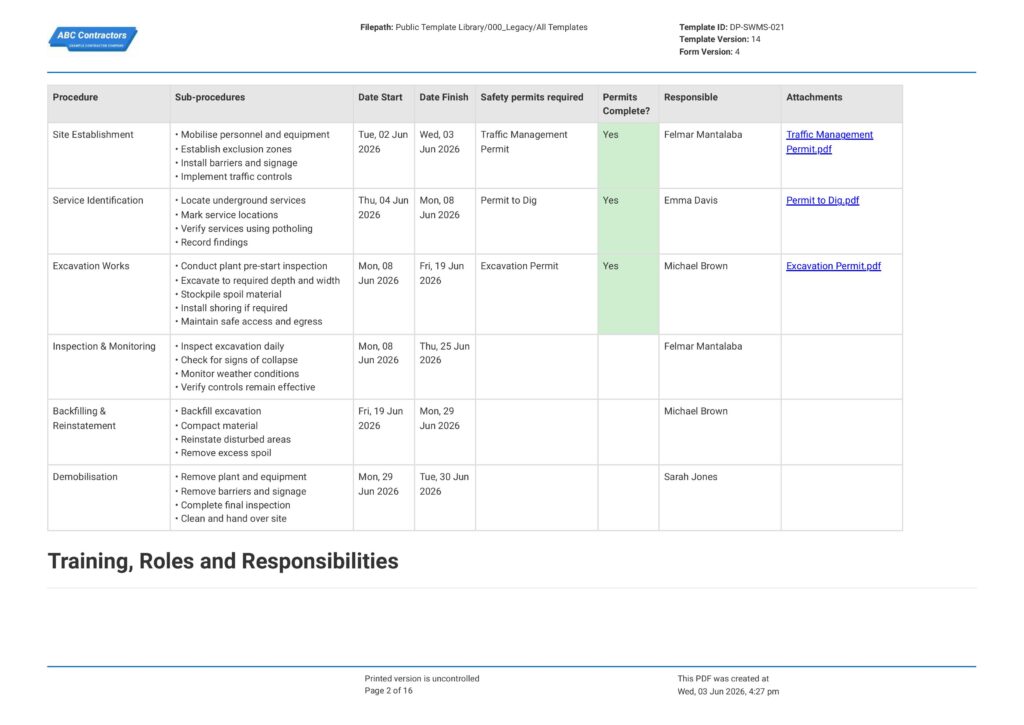 Excavation Safe Work Method Statement