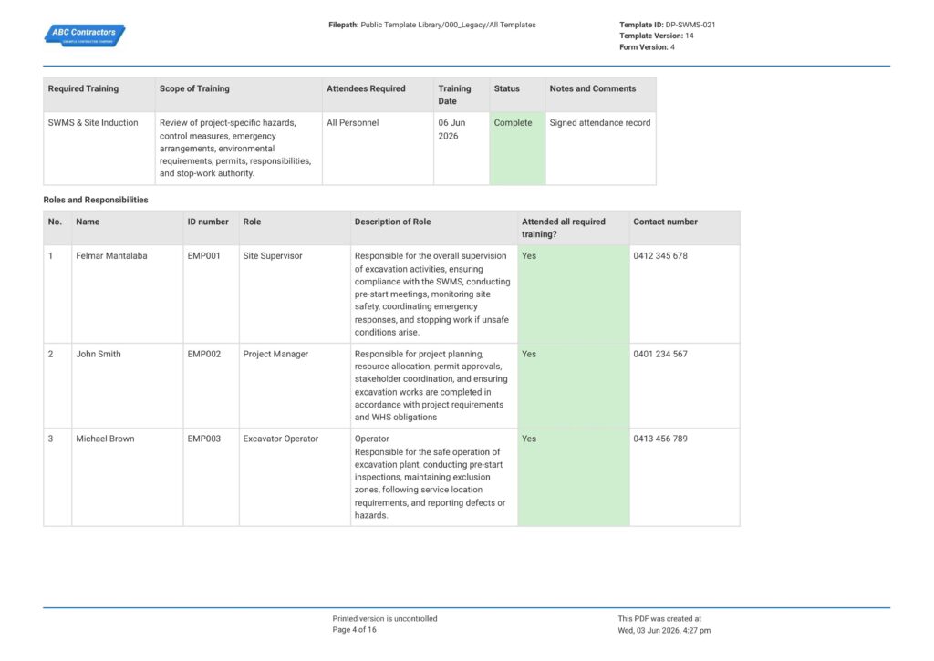 Excavation Safe Work Method Statement