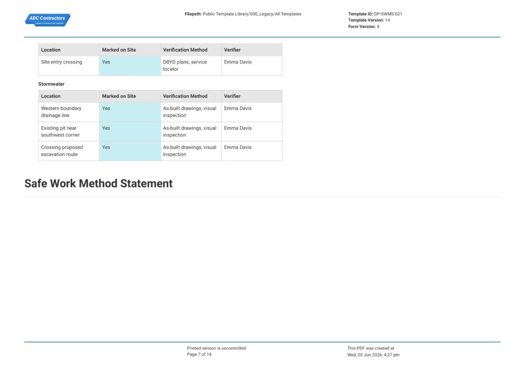 Excavation Safe Work Method Statement