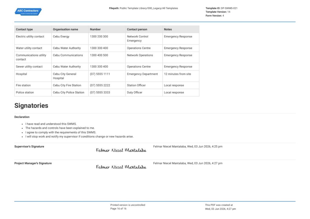 Excavation Safe Work Method Statement