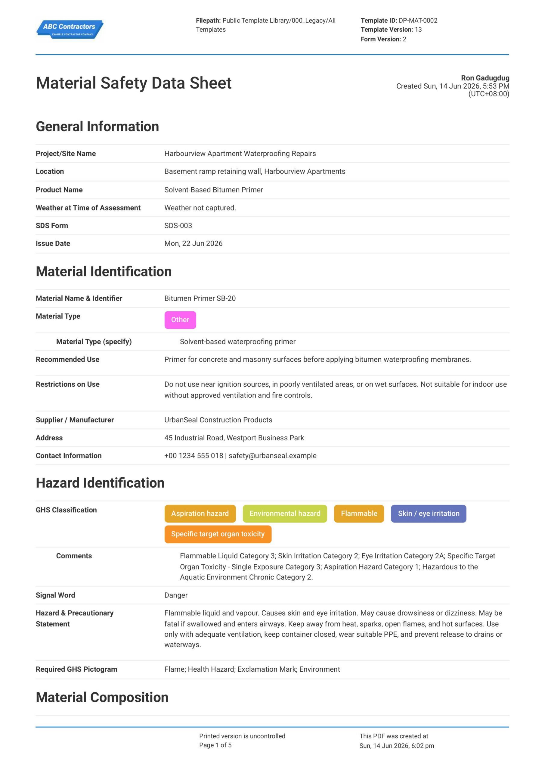 Material Safety Data Sheet Template