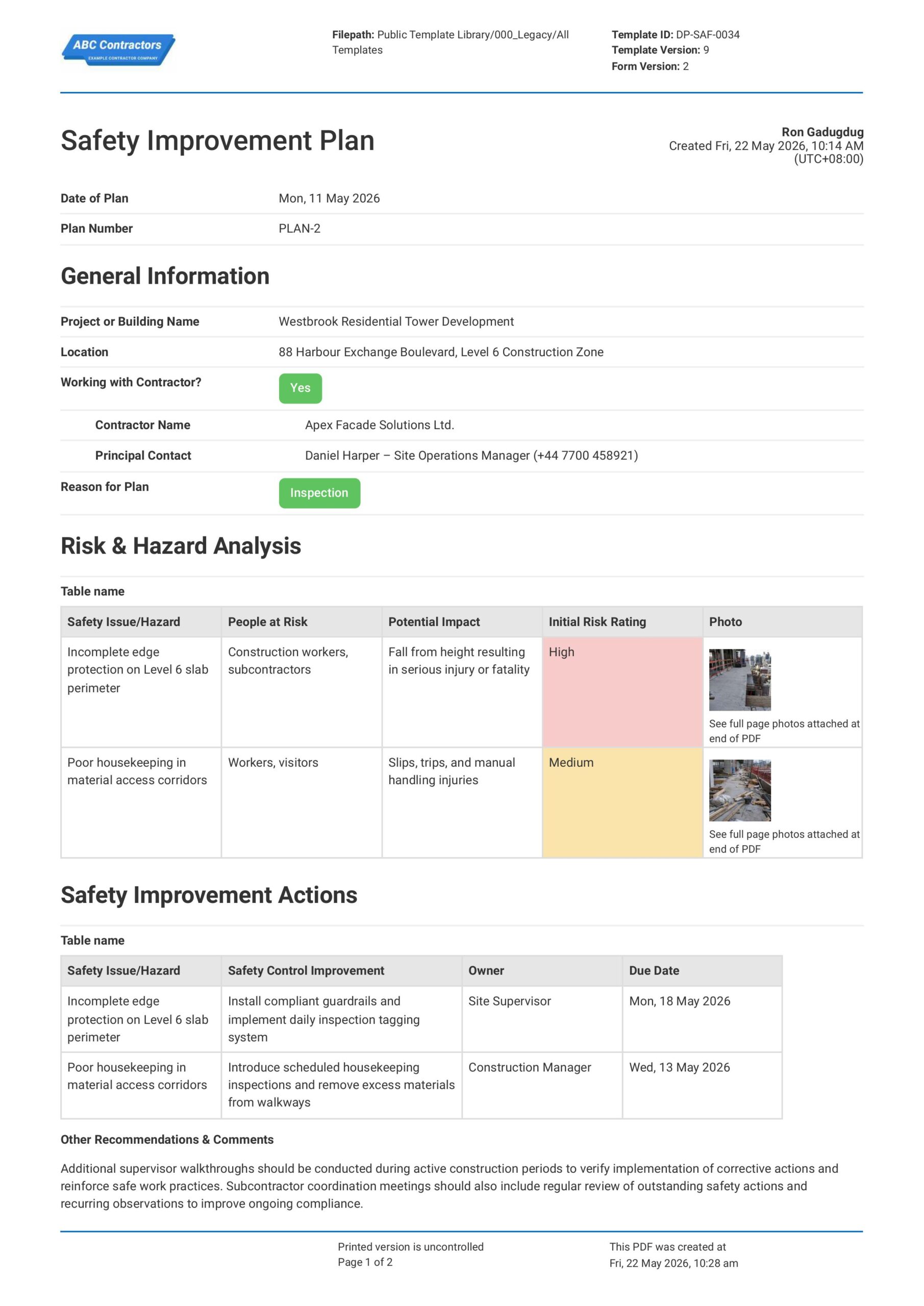 Safety Improvement Plan Template