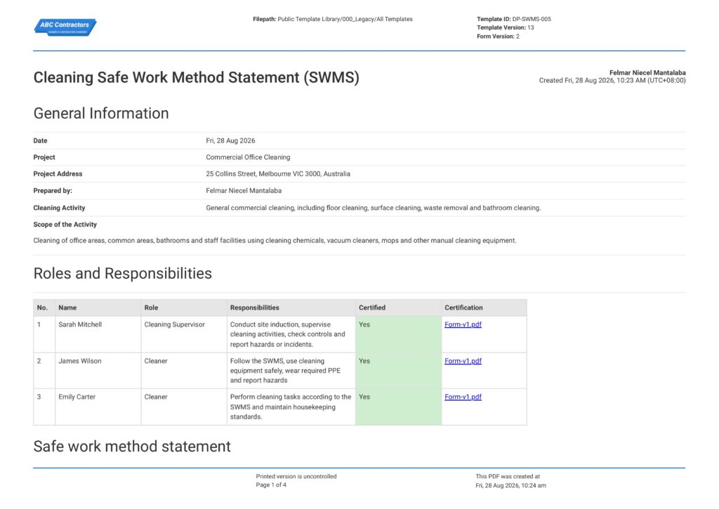 Cleaning Safe Work Method Statement