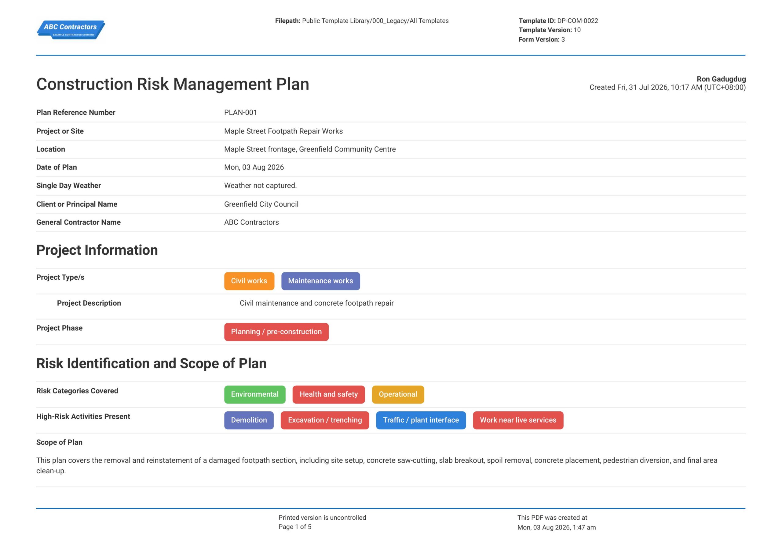 Construction Risk Management Plan