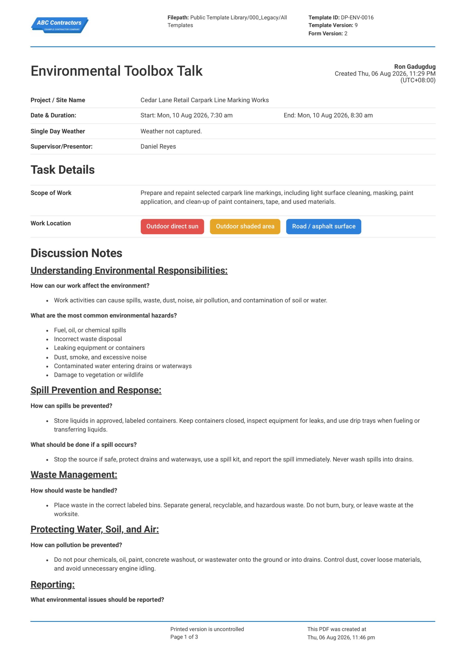 Environmental Toolbox Talk Template