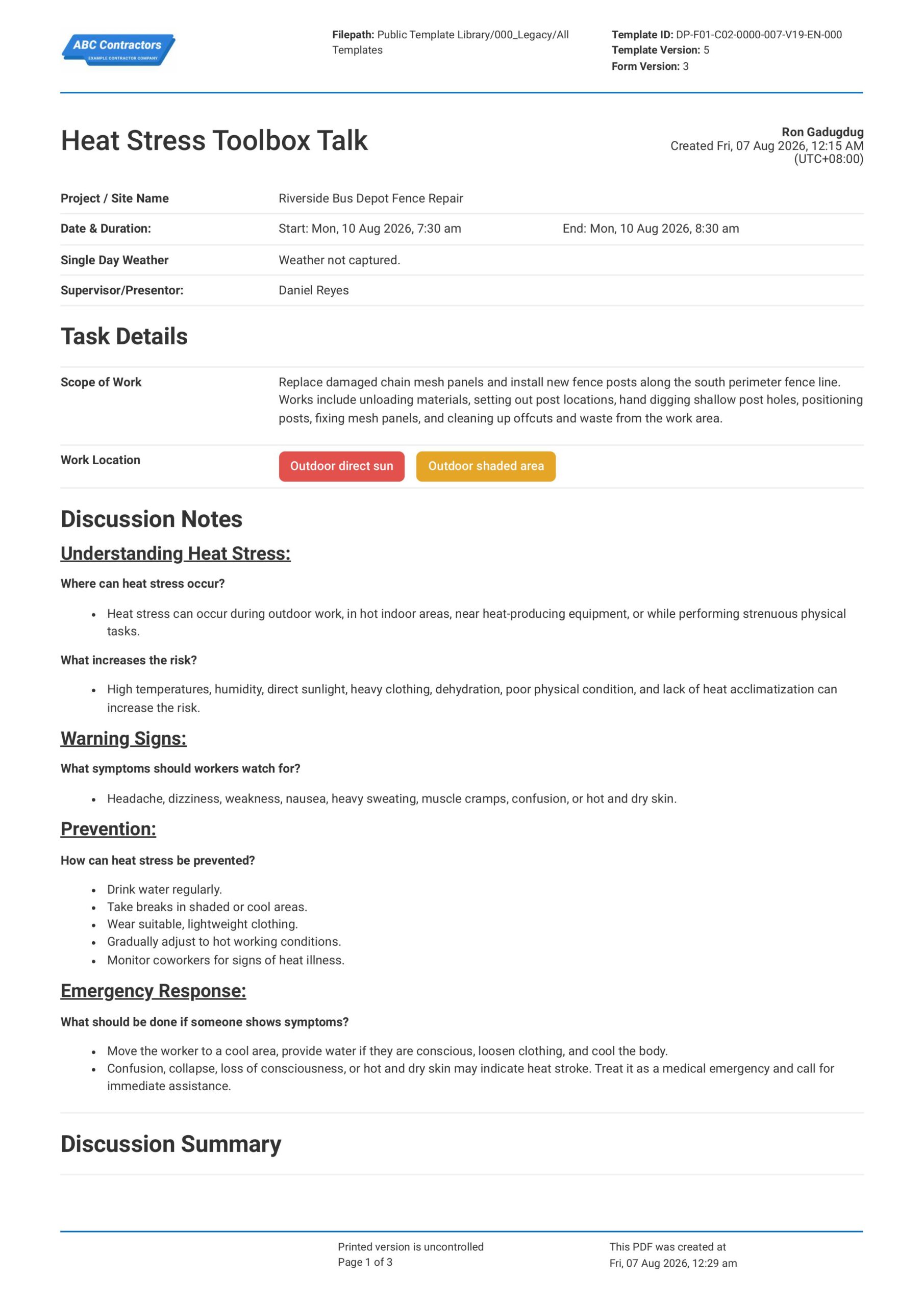Heat Stress Toolbox Talk Template