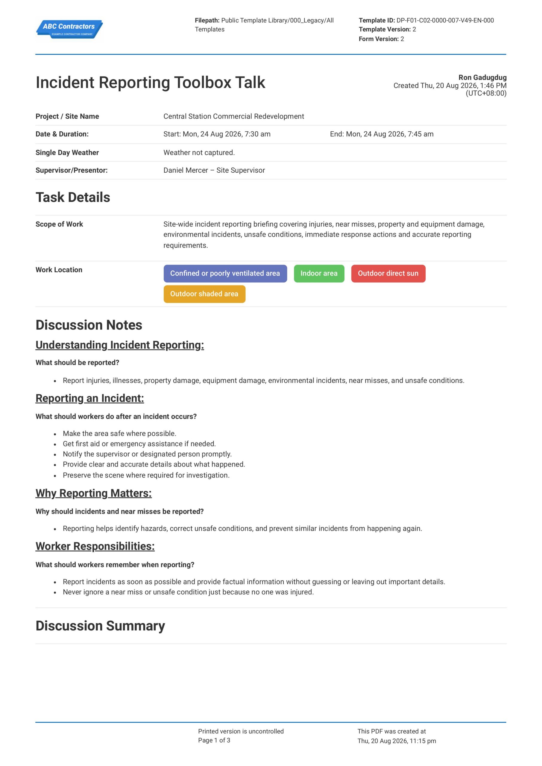 Incident Reporting Toolbox Talk