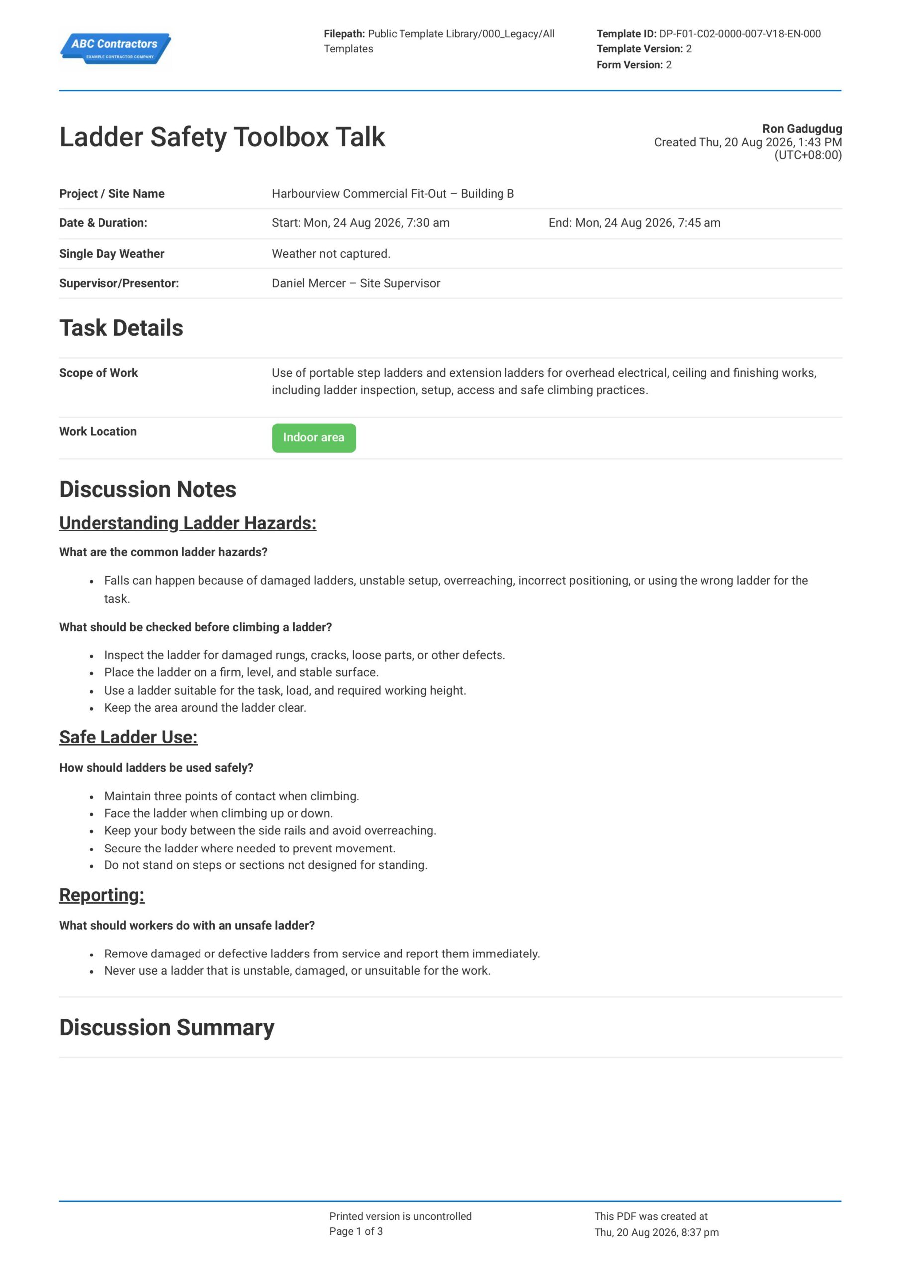 Ladder Safety Toolbox Talk Template