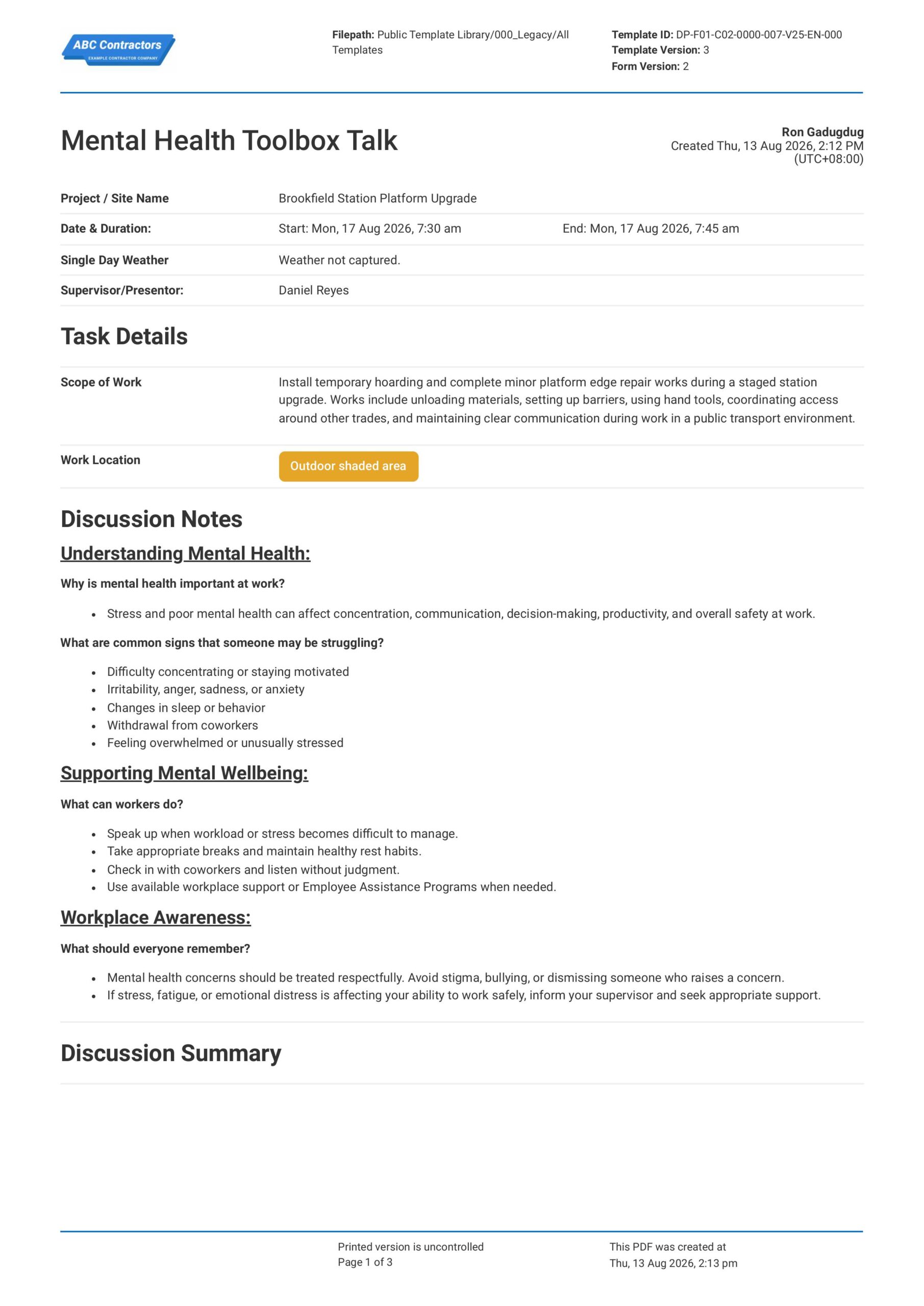 Mental Health Toolbox Talk Template