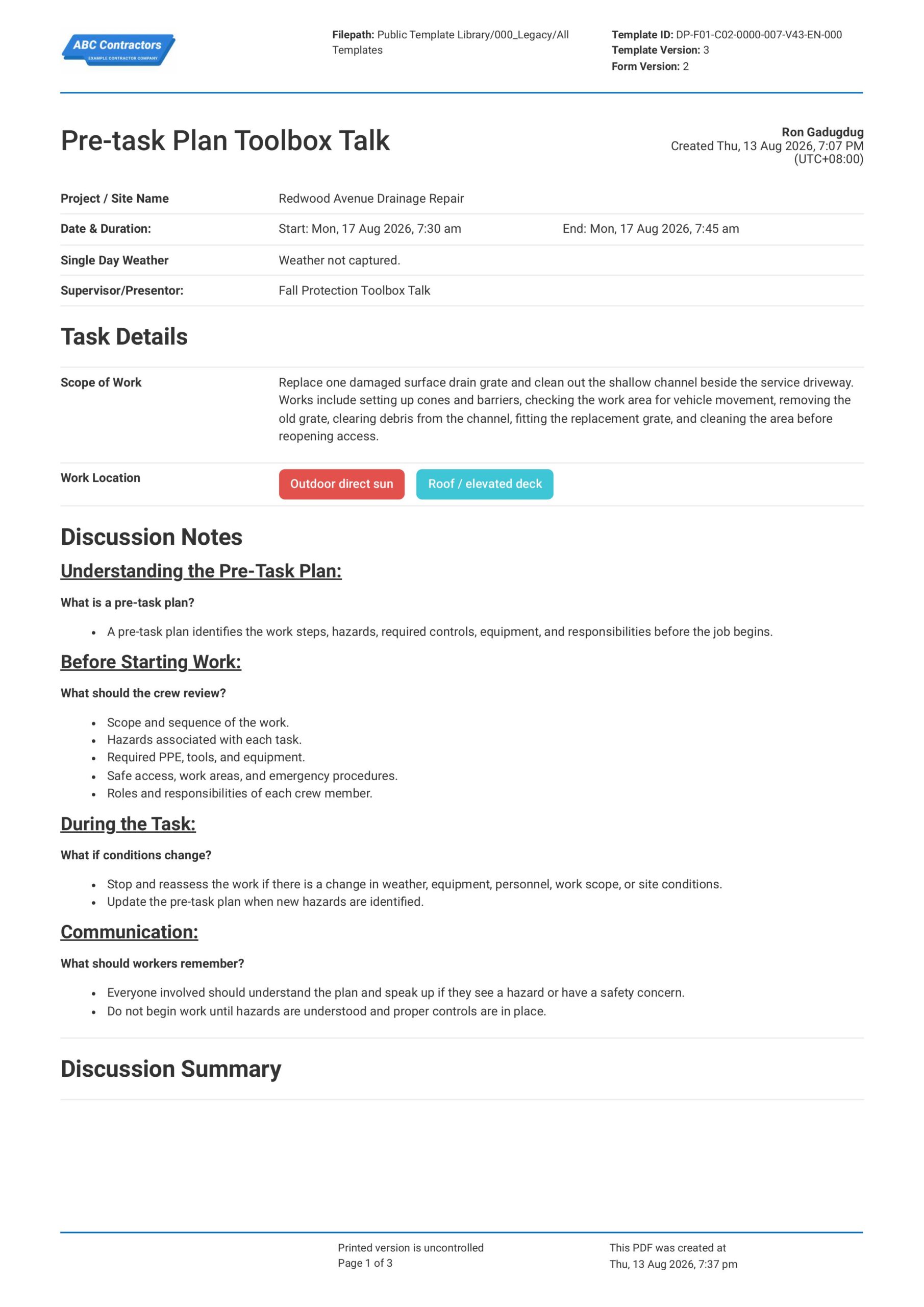 Pre-task Plan Toolbox Talk