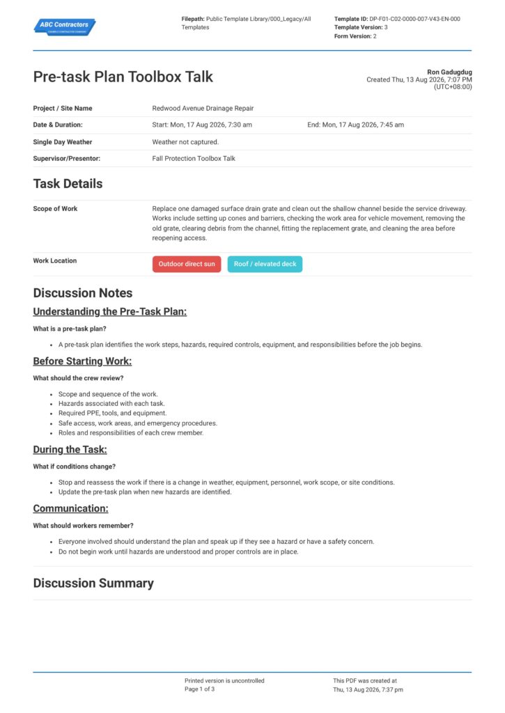 Pre Task Plan Toolbox Talk
