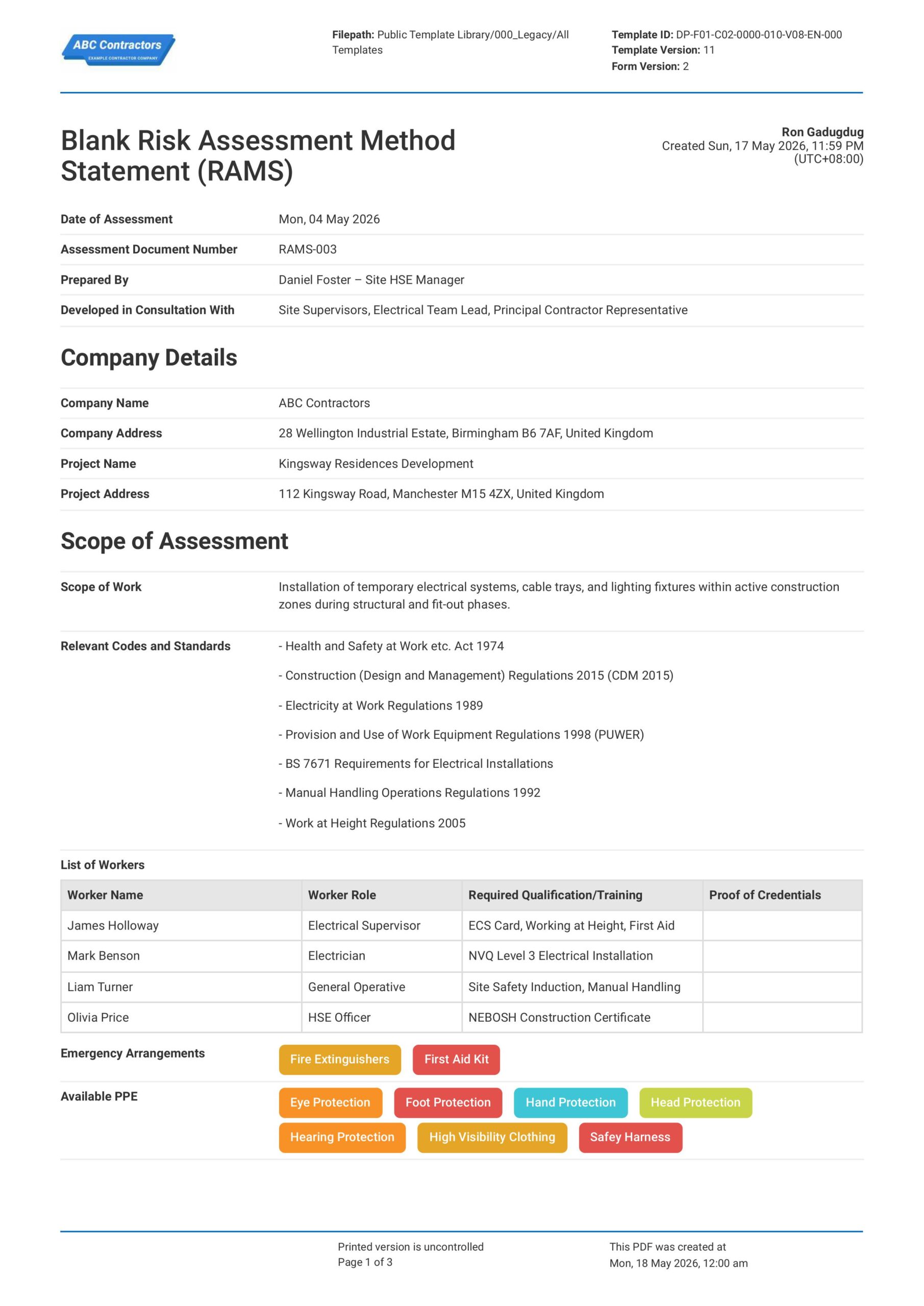 Risk Assessment Method Statement (Free RAMS) Template