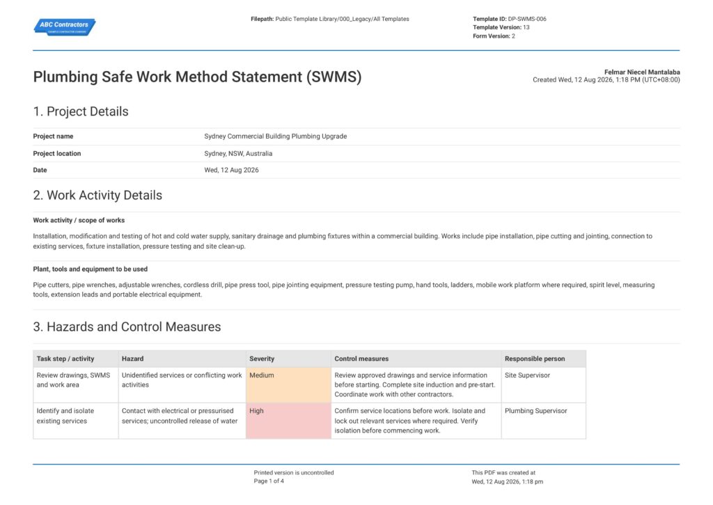 Safe Work Method Statement