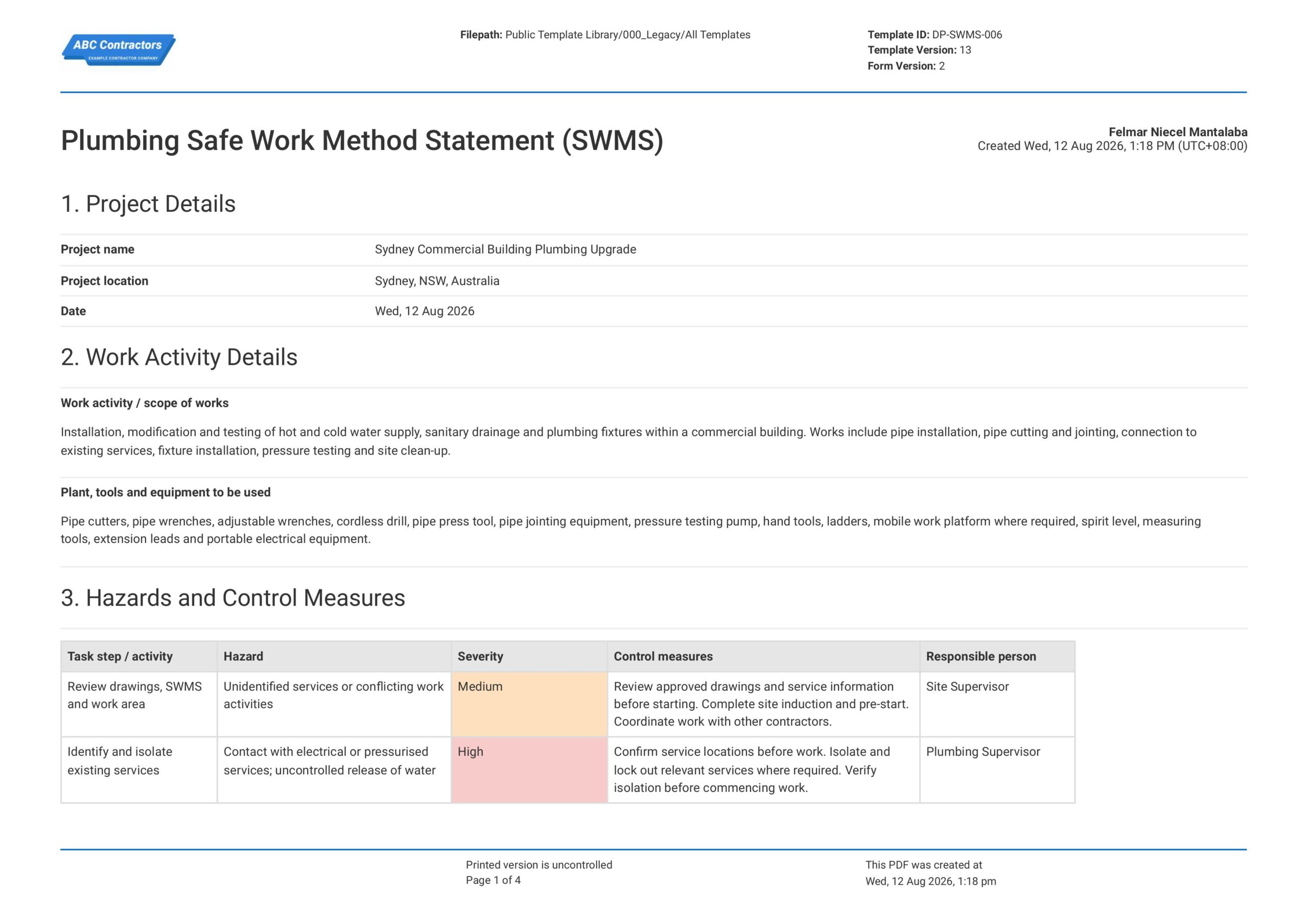 Safe Work Method Statement