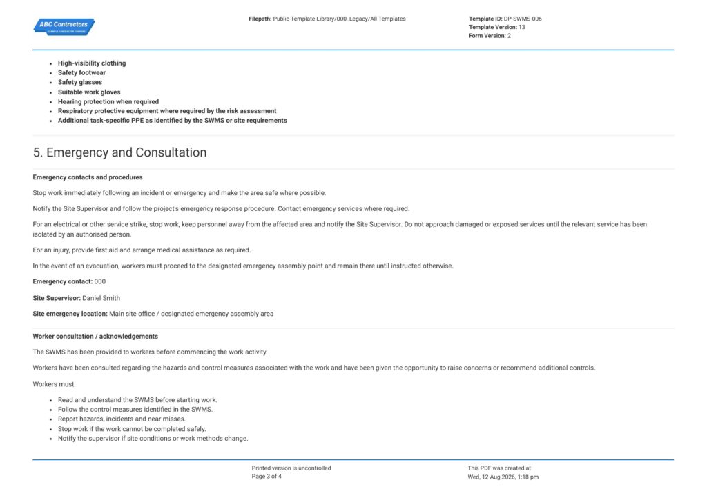 Safe Work Method Statement
