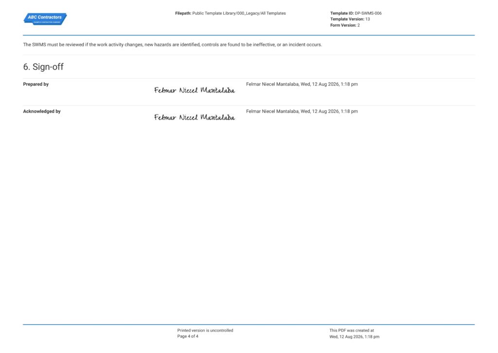 Safe Work Method Statement