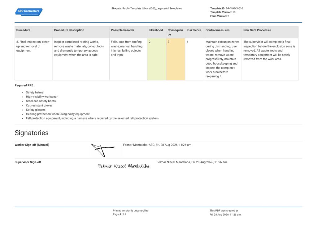 Safe Work Method Statement Roofing