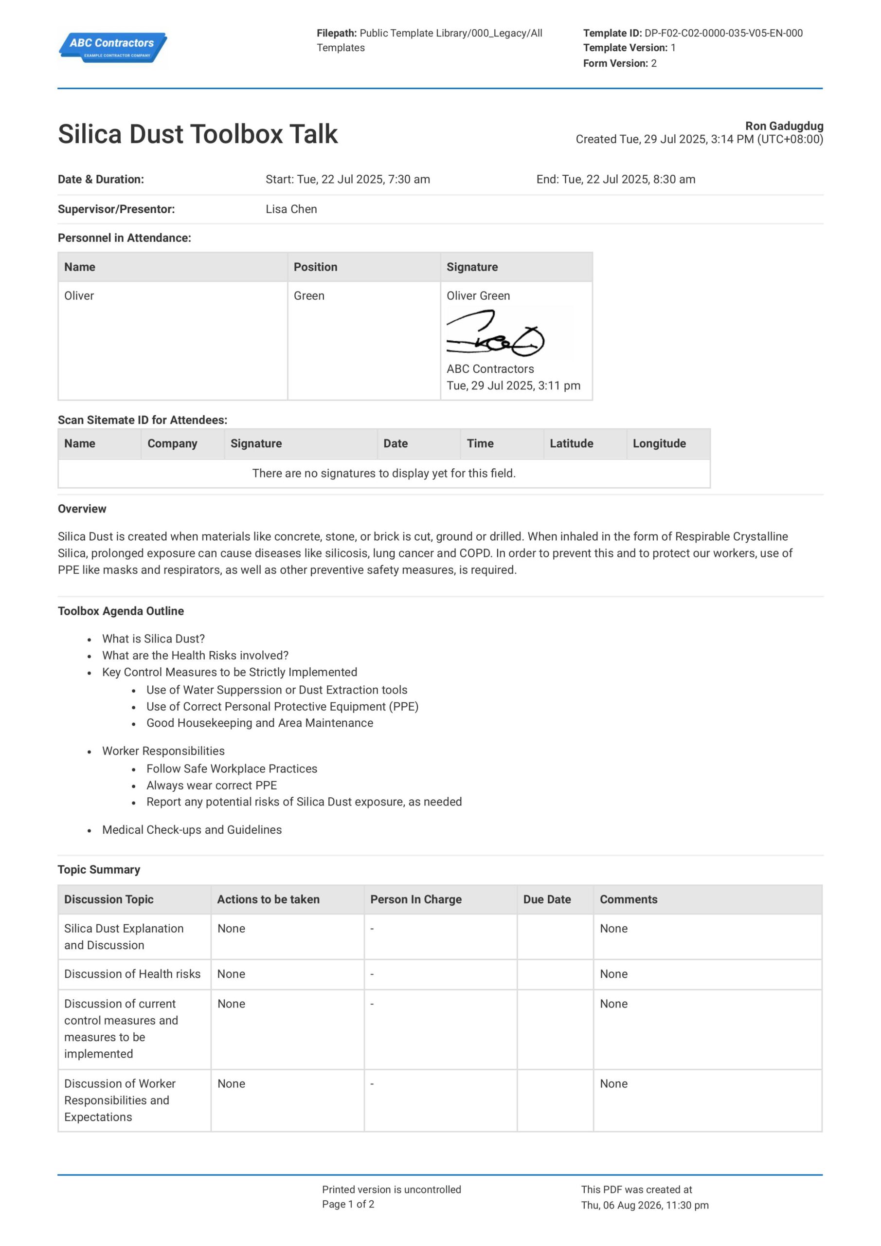 Silica Dust Toolbox Talk Template