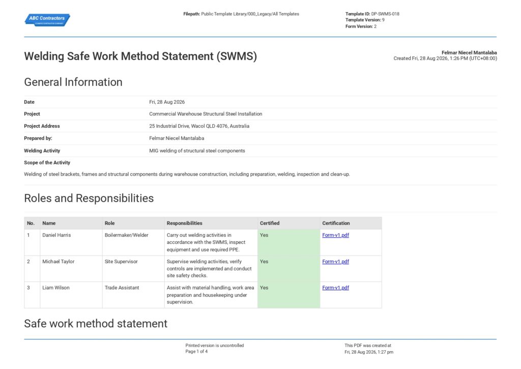 Welding Safe Work Method Statement