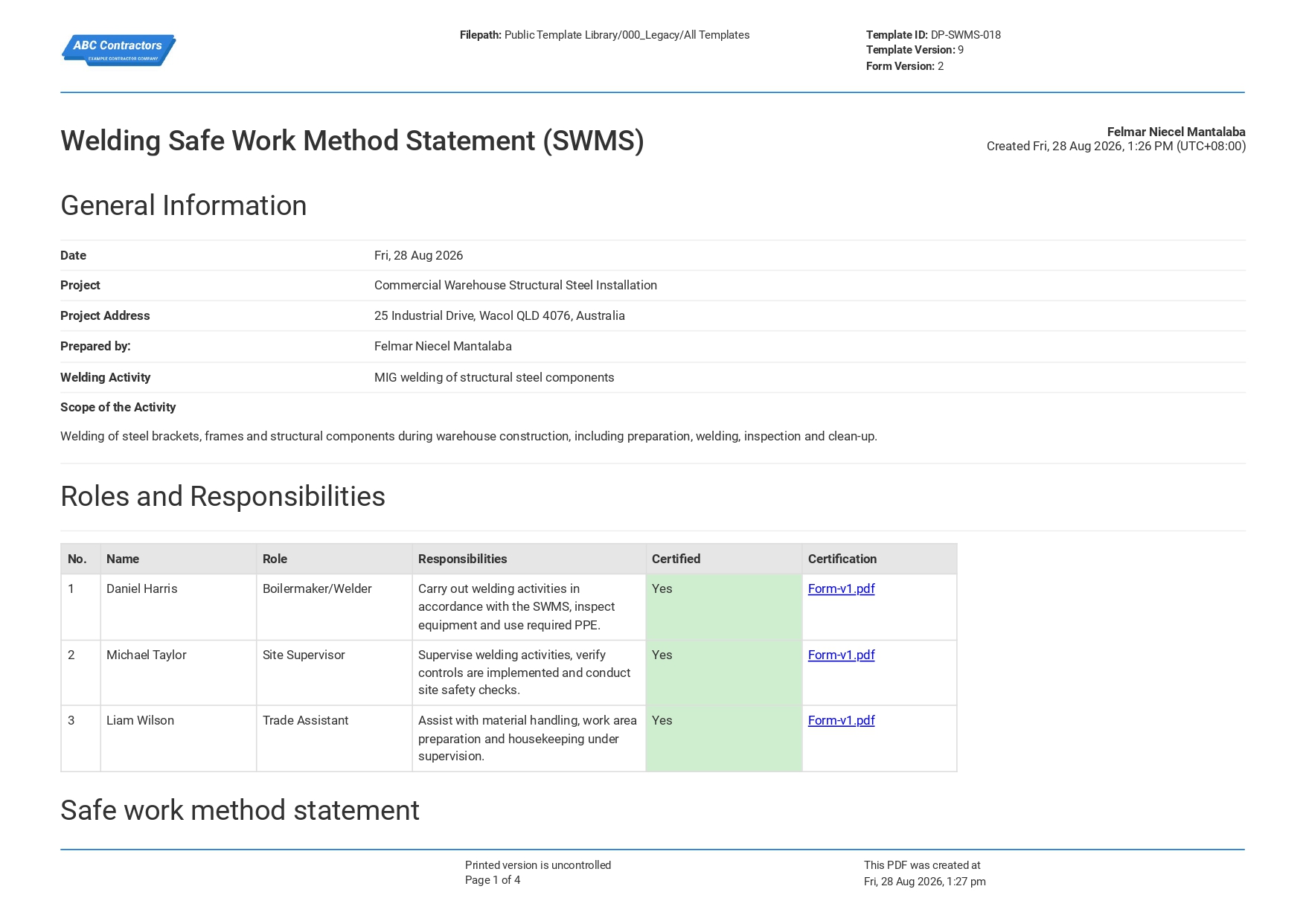 Welding Safe Work Method Statement
