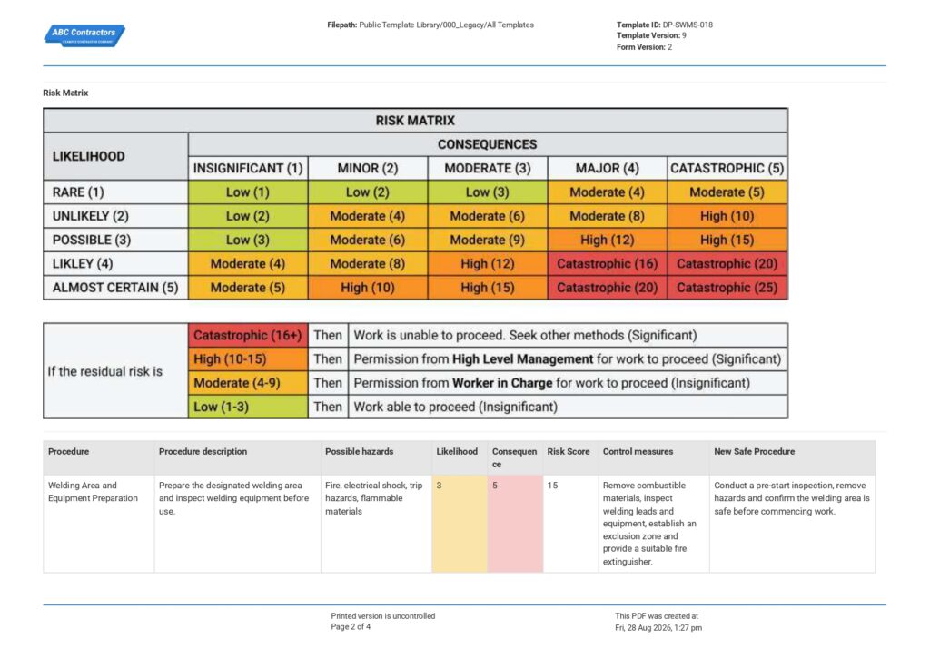 Welding Safe Work Method Statement