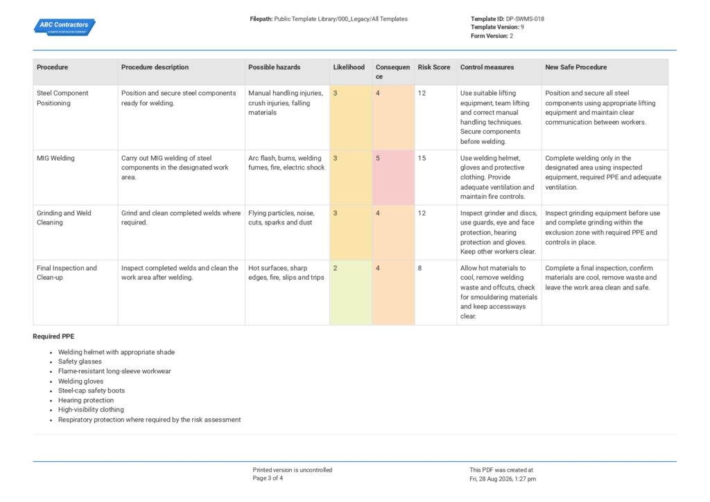 Welding Safe Work Method Statement