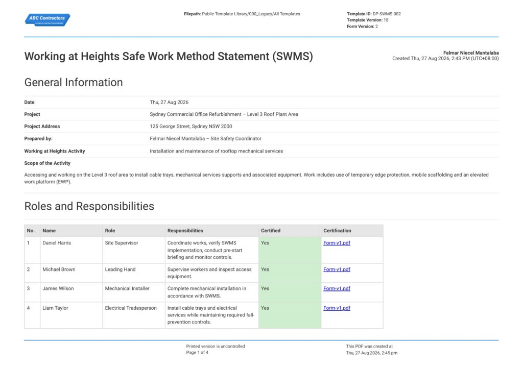 Working at Heights Safe Work Method Statement