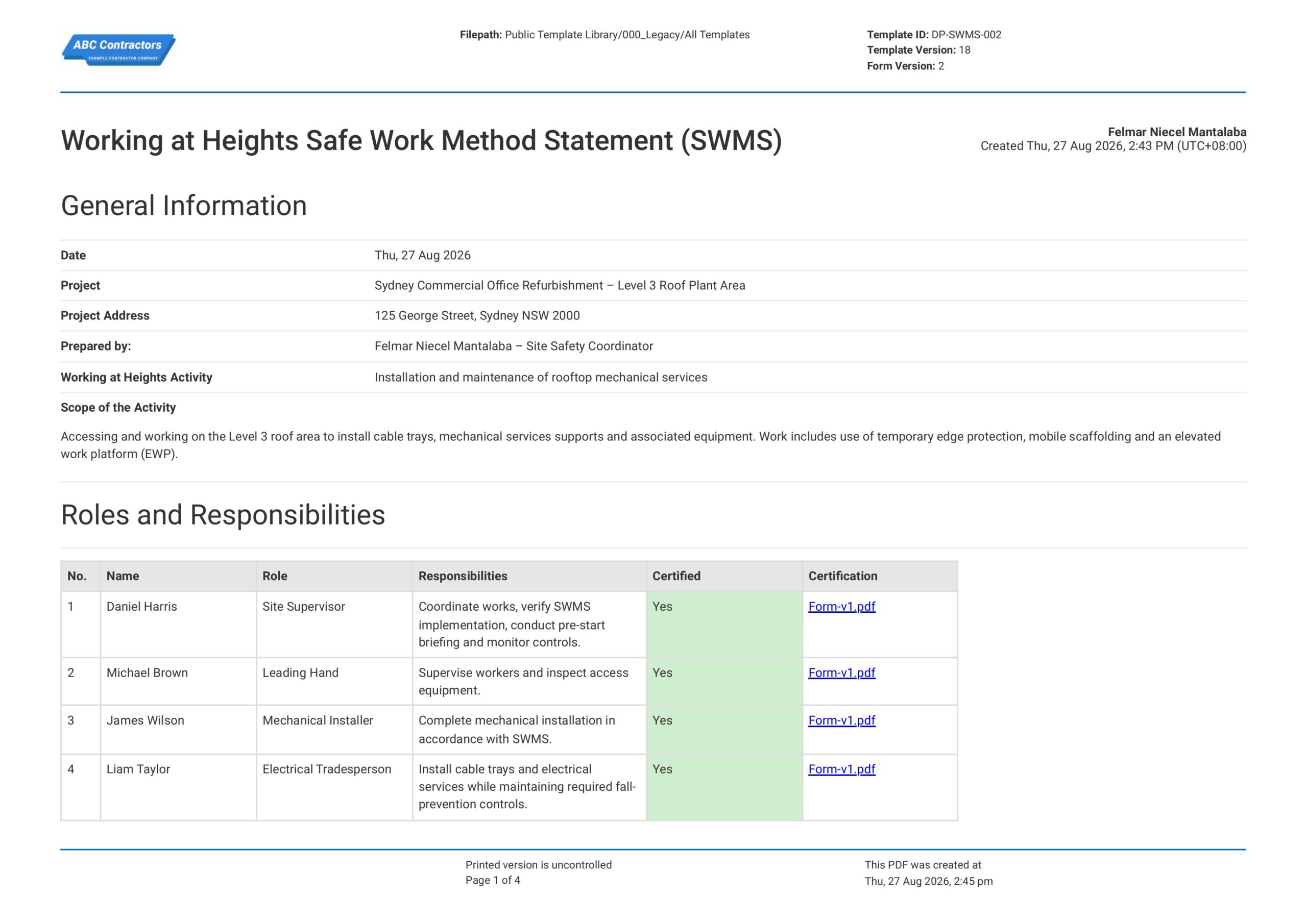 Safe Work Method Statement Working at Heights